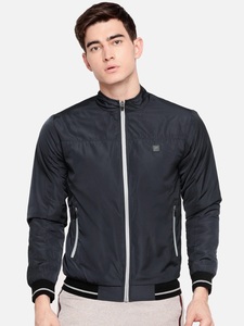 Blouson bomber gris foncé pour homme, col montant, fermeture éclair sur le devant, coupe-vent décontracté, couleur unie, polyester, vêtement d'automne - Product Image 1