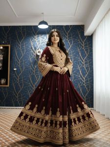 Robe en velours marron Kuchi afghane, couleurs et tailles personnalisées, robe afghane à col en V, manches longues, broderie lourde, robes de mariage pour femmes - Product Image 3