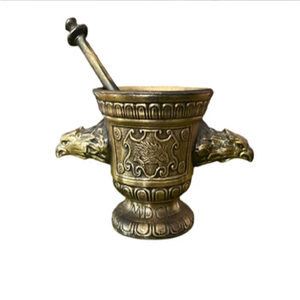 Classic dark bronze brass mortar pestle set with dual side handles and flared rim, available at wholesale prices. - Product Image 5