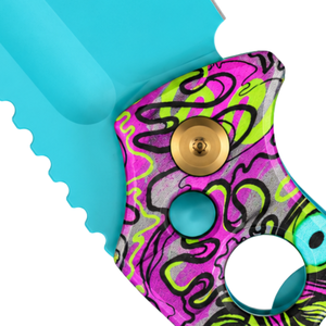 Couteaux pliants rose, vert, violet, turquoise et or avec manche imprimé abstrait, lame turquoise vif et clip de poche assorti - Product Image 5