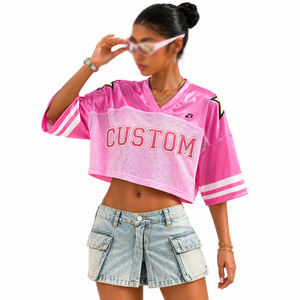 Camiseta de fútbol americano para mujer, top corto de malla rosa, ajuste holgado, manga corta, logotipo personalizado, uniforme de equipo, suministro OEM al por mayor - Product Image 1