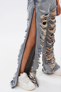 High Waist Distressed Ripped Flare Leg Denim <b>Jeans</b> Women's Loose Fit Full Length Bohemian <b>Floral</b> Print Breathable Cotton Pants - Product Image 6