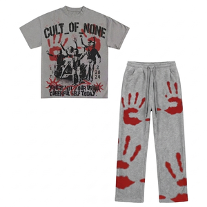 High Quality Mens 340 GSM Cotton Fleece Grey TShirt Pant <b>Set</b> Puff Print Spray <b>Paint</b> Custom Logo Print T Shirt and pant men's - Product Image 1