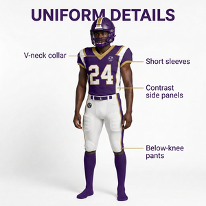 Conjunto de Uniforme de Fútbol Americano para Hombre, Jersey Morado con Cuello en V, Pantalones Blancos, Casco, Manga Corta - Product Image 1