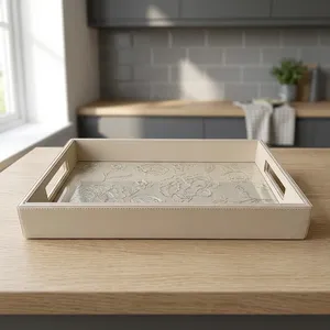 Plateau de service en similicuir avec poignées, plateau décoratif brodé de fleurs pour le thé, le café, le petit-déjeuner, la décoration de table ottoman - Product Image 5