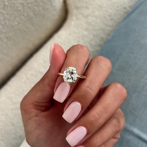 3 Carat Cushion E VVS2 Lab Grown Diamond Half Bezel Engagement <b>Ring</b> , 14k Yellow Gold <b>Thin</b> Solitaire <b>Ring</b>, IGI Certified - Product Image 2