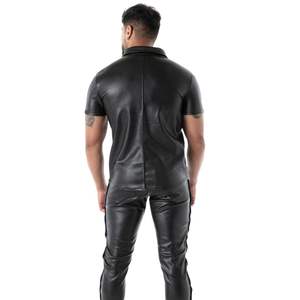 Polo en cuir noir pour homme, coupe ajustée, manches courtes, respirant, écologique, effet seconde peau, style formel, clubwear, mode sexy pour soirée - Product Image 4