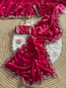 <b>Red</b> color Indian Summer Wedding Party Wear Bridal Saree Fancy Bollywood Designer Heavy <b>Silk</b> Thread Diamond Work Quick Dry - Product Image 4