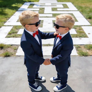 Ensemble de costume formel bleu marine pour garçons avec nœud papillon rouge – Tenue de smoking ajustée pour enfants pour mariage et fête - Product Image 1