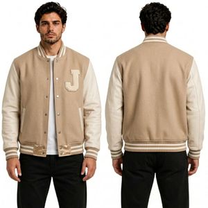 Cream Beige Monochromatic Minimalist Aesthetic Premium Quality <b>Brushed</b> Fleece Letterman Varsity Jackets - Product Image 1