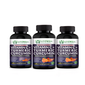 Livewell Vitamina C, Cúrcuma, Curcumina, Bioperina, Bioflavonoides, 180 Tabletas, Paquete de Tres, Apoyo Inmunológico - Product Image 2