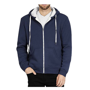 Men's Navy Blue <b>Hooded</b> <b>Zip</b>-Up Sweatshirt Regular Fit 100% Cotton French Terry Casual Autumn Wear Pocket Design Quick Dry Color - Product Image 1