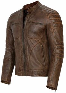 Blouson moto homme en cuir PU marron, col montant, fermeture éclair, coupe ajustée, manches classiques, couleur unie, pour l'automne - Product Image 3