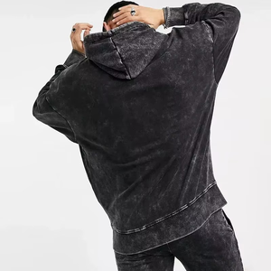 Sudadera con Capucha Negra Lavada de Corte Holgado para Hombre, Diseño de Bolsillo de Color Sólido, Tejido de Punto, Manga Larga, para Otoño - Product Image 6