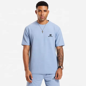 Camiseta de Cuello Redondo Azul Claro para Hombre, Color Sólido, Casual, Manga Corta, 100% Algodón, Tejido de Punto, Ropa de Verano - Product Image 4