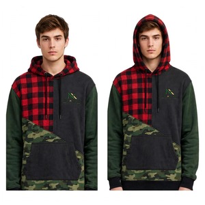 Sudadera con Capucha Unisex NEXTEX, Diseño de Bloques de Color en Rojo, Cuadros de Búfalo y Camuflaje, Sudadera de Felpa Suave de Algodón - Product Image 3