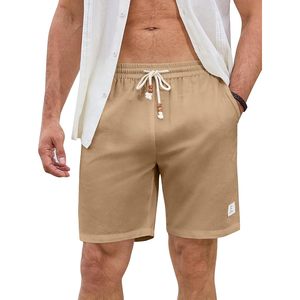 2025 <b>Men's</b> Linen Cotton 7\" Summer Beach <b>Shorts</b> with Pockets Casual Elastic Waist Drawstring & Knee Length XS Size Lightweight - Product Image 5