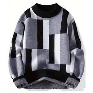 OEM Wholesale <b>Men</b> 380 GSM Polyester Cotton Knitted Sweater O-Neck Color Block Casual Pullover Custom Logo Manufacturer - Product Image 3