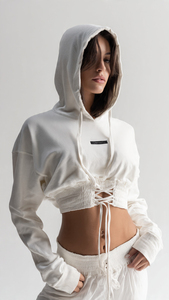 OEM Women <b>White</b> <b>Lace</b> Up Cropped Hoodie Drawstring Hooded Sweatshirt Corset Waist Long Sleeve Y2K Style Streetwear Pullover - Product Image 2