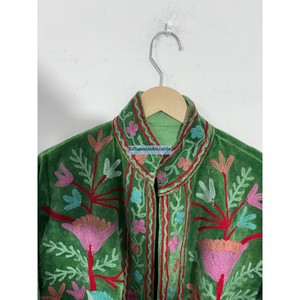 <b>Green</b> <b>Velvet</b> Embroidered Jacket Women Mandarin Collar Full Sleeve Floral Print Autumn Coat Polyester Lining Hand Embroidery - Product Image 2