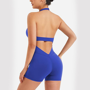 Mono de yoga azul real vibrante con cuello halter para mujer, con busto fruncido y sujetador acolchado, body deportivo de una pieza - Product Image 3