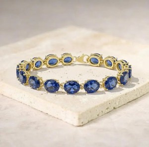Pulsera con Dije de Zafiro Azul Cultivado en Laboratorio, Corte Ovalado, Plata de Ley, Chapado en Oro, Regalo de Aniversario de Lujo, Joyería Elegante - Product Image 1