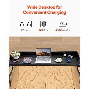 Table de lit réglable en hauteur avec 4 roues, bureau mobile à côté du lit avec 2 freins et prise de courant, bureau roulant pour ordinateur portable - Product Image 5