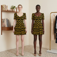 Robe élégante noire et jaune à pois pour femme, robe courte à volants et manches bouffantes à col en V pour fête d'été
