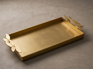 Plateau de service rectangulaire en métal doré avec poignées en forme de feuille de Ginkgo, vaisselle de luxe pour la maison et le salon - Product Image 3