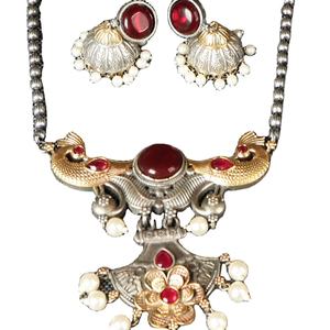 ARTS JEWELS Antique Two Tone Oxidized Gold Plated Bohemian Garnet Animal Design Women's <b>Statement</b> <b>Necklace</b> Earring Set Wedding - Product Image 1