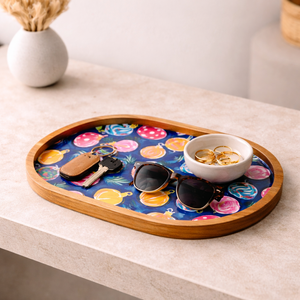 Plateau de service ovale grand format en bois de manguier émaillé, fait main, avec motif cloche, pour snacks et fruits secs, idéal pour la maison et la restauration. - Product Image 6