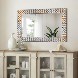 Espejo de Pared Rectangular de Mosaico Beige Marrón Hecho a Mano con Marco de Azulejos Geométricos de Vidrio, Elegante Espejo de Baño para un Toque de Lujo - Product Image 2