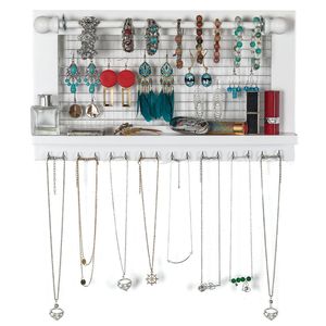 White Wooden <b>Earring</b> <b>Holder</b> Shelf Wall Mounted Jewelry Organizer Featuring Hanging Hooks for Necklace Removable Rod for Bracelet - Product Image 3