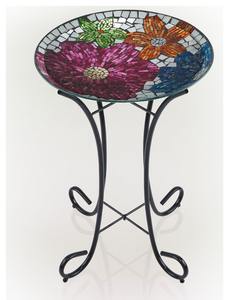 Moderno Baño para Pájaros de Vidrio con Mosaico Floral, Arte Vibrante en Azulejos Aplicados a Mano, Pedestal de Jardín con Soporte Metálico Plegable para Decoración de Jardín y Césped - Product Image 3