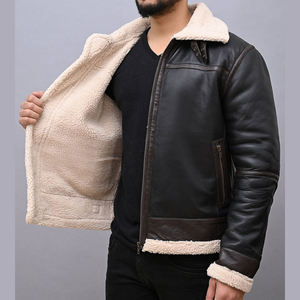 <b>MEN'S</b> PREMIUM BLACK LEATHER <b>SHEARLING</b> <b>JACKET</b> WITH FUR COLLAR ZIPPER CLOSURE WARM LINING AND ZIPPER POCKETS <b>FOR</b> WINTER OUTERWEAR - Product Image 5