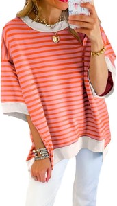T-shirt femme à manches courtes rayé surdimensionné, multicolores, tricoté, coupe classique, toutes saisons, respirant, doux, écologique, décontracté - Product Image 2