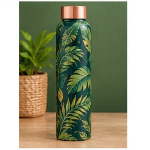 Hand Painted Red <b>Copper</b> <b>Water</b> <b>Bottle</b> with Gold Leaf Pattern <b>Copper</b> Lid Portable Drinkware for Travel - Product Image 3