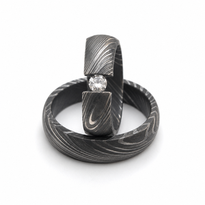 Ensemble de bagues en acier damas faites à la main par Jexmoo avec boîte à bagues, cadeau parfait pour papa, mari, petit ami - Product Image 2