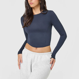 Camiseta Deportiva Ajustada de Manga Larga con Cuello Redondo y Diseño Crop Top para Mujer, Venta al por Mayor, Sin Costuras, Elástica, para Yoga - Product Image 5