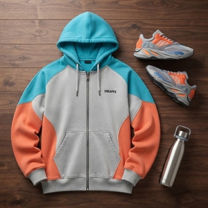 Men's Teal <b>Orange</b> Color Block Pullover <b>Hoodie</b> Fleece Oversized Eco-Friendly Rhinestone Streetwear Jacket Casual Sportswear - Product Image 5