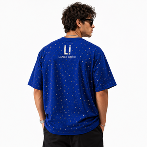 เสื้อยืดคอกลมสีน้ำเงินรอยัลประดับเพชรเทียมทรงโอเวอร์ไซส์สำหรับผู้ชาย สไตล์สตรีทแวร์ลำลอง แขนสั้น ลายกราฟิกวิบวับ แฟชั่น - Product Image 4