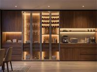 Buffet moderne modulaire écologique en bois avec éclairage LED, bar à café, portes en verre, et casier à vin pour salles à manger et salons