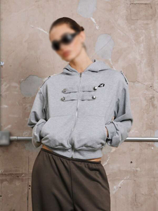 Women's Gray <b>Cropped</b> Fleece <b>Zip</b>-<b>Up</b> Hoodies Casual Sweatshirt Decorative Button Detail Custom Logo Autumn Winter Wholesale OEM - Product Image 4