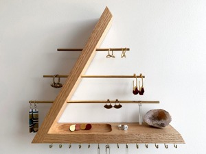 Wooden Wall Mount Jewelry Organizer With Brass Rods And <b>Hooks</b> Minimalist Polygon <b>Shelf</b> For Rings Earrings Necklaces Storage - Product Image 6