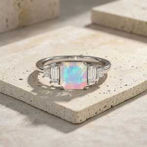 White Ethiopian <b>Opal</b> <b>Ring</b> 925 Sterling <b>Silver</b> Square <b>Opal</b> Engagement <b>Ring</b> Art Deco October Birthstone Gift Her - Product Image 1