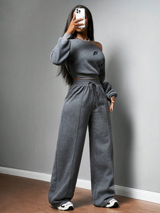 Women’s <b>Off</b> <b>Shoulder</b> Cropped <b>Sweatshirt</b> Set Long Sleeve Pullover Top with Wide Leg Pants Casual Two Piece Outfit <b>Sweatshirt</b> - Product Image 2