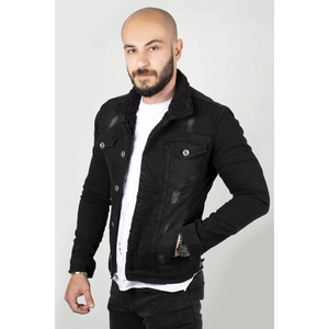 Men's Black Denim <b>Jacket</b> <b>With</b> Faux Fur <b>Lining</b> Turn-down Collar Single Breasted Casual Autumn Slim Fit Woven Washed Style - Product Image 3