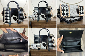 Bolso de mano de cuero de vaca con herramientas manuales para mujer, bolso de mano y billetera de mano, conjunto combinado de dos piezas de cuero a cuadros genuino para damas - Product Image 3