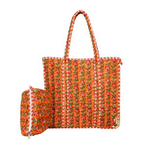 Tote + Toiletry <b>Bag</b> Set 3 Orange Floral Jaipur Zipper Machine Quilted Sustainable Handmade Cotton Summer Shopping Gift Set - Product Image 1