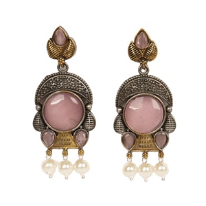 Brass Antique <b>Silver</b> Plated Oxidized Drop <b>Earrings</b> Flower Shape Bezel Setting Pink <b>Cats</b> Eye Faux Pearl Bohemia Anniversary - Product Image 1